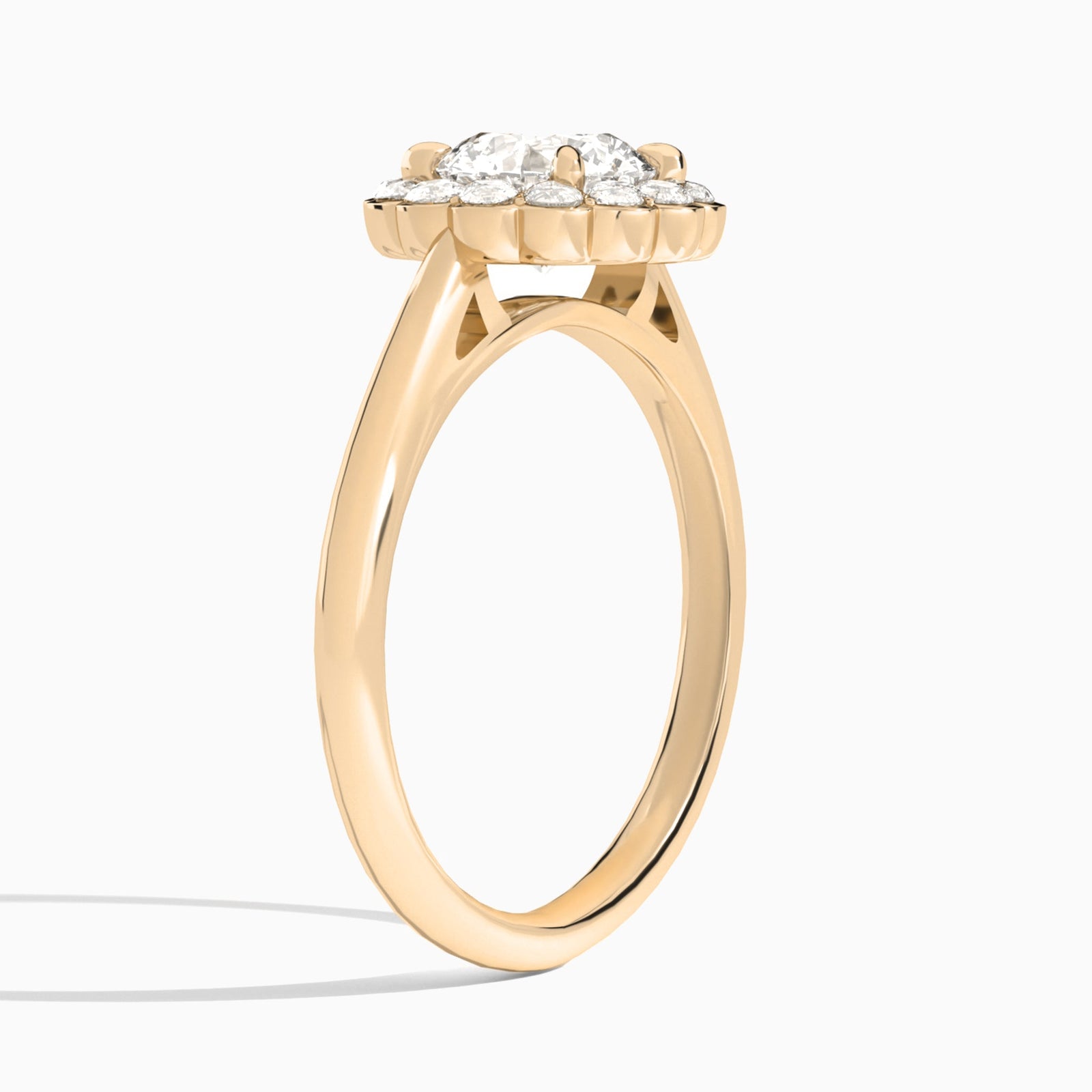 Round Floral Halo Lab Grown Diamond Engagement Ring In 14K Rose Gold, Angle View