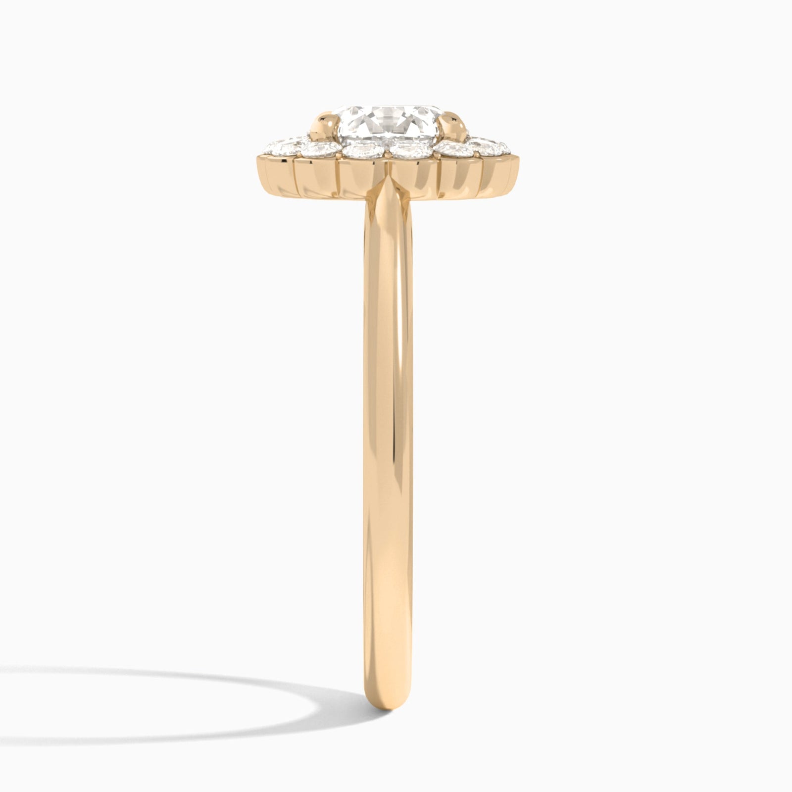 Round Floral Halo Lab Grown Diamond Engagement Ring In 14K Rose Gold, Side View