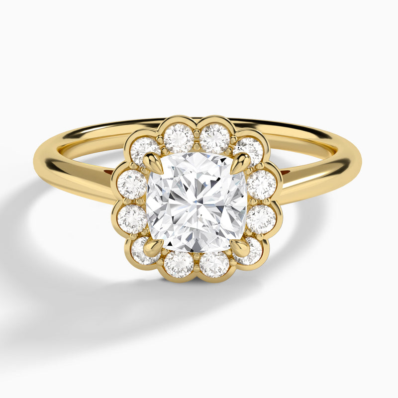 Cushion Floral Halo Lab Grown Diamond Engagement Ring In 14K Yellow Gold - Lucenjuri