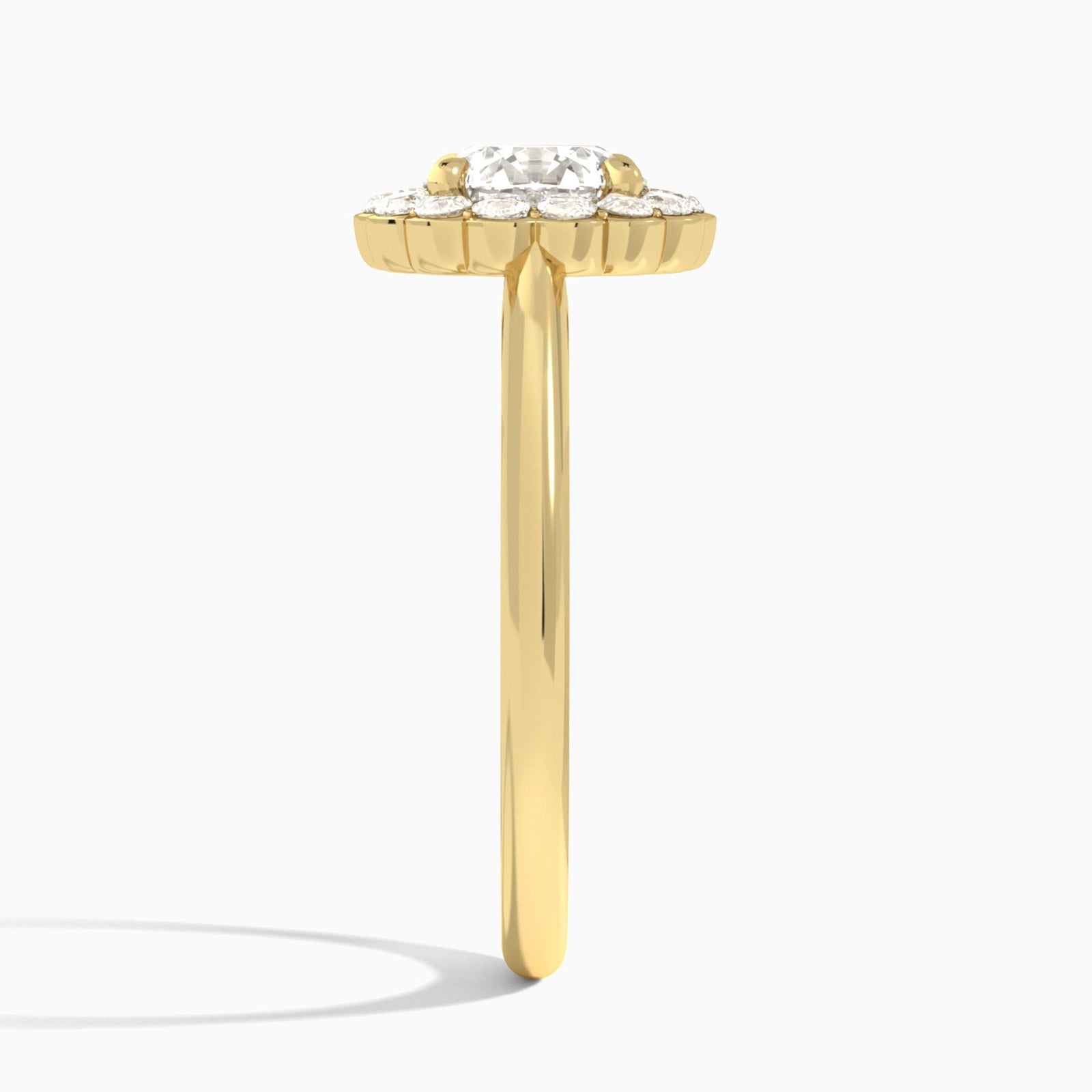 Round Floral Halo Lab Grown Diamond Engagement Ring In 18K Yellow Gold, Side View