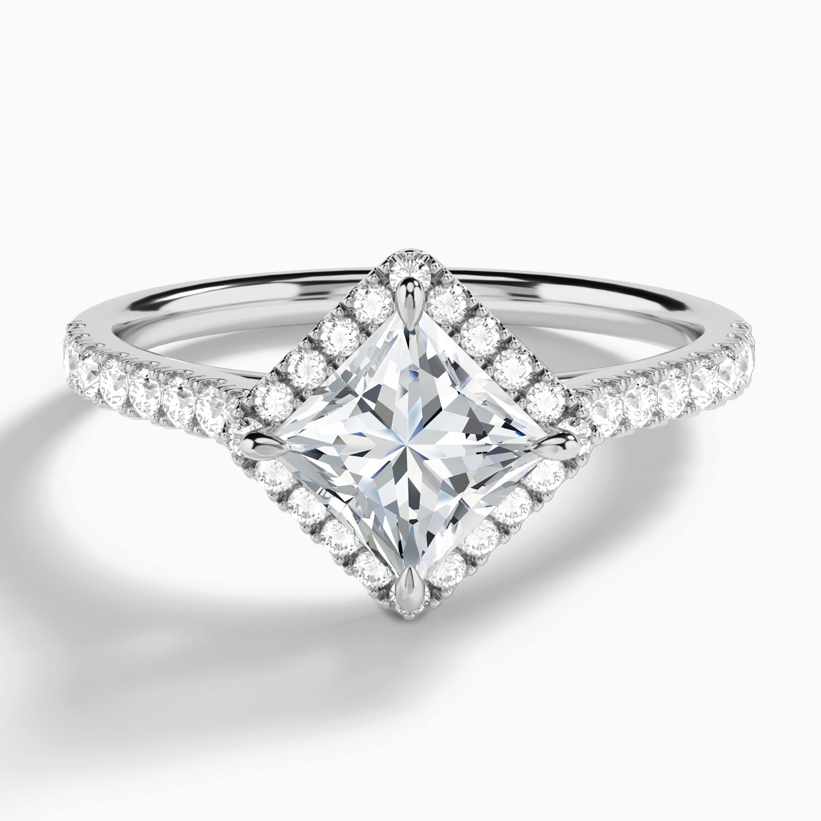 Princess Amara Kite Set Halo Engagement Ring In 18K White Gold - Lucenjuri