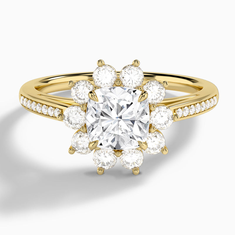 Cushion Celestia Halo Engagement Diamond Ring In 14K Yellow Gold - Lucenjuri