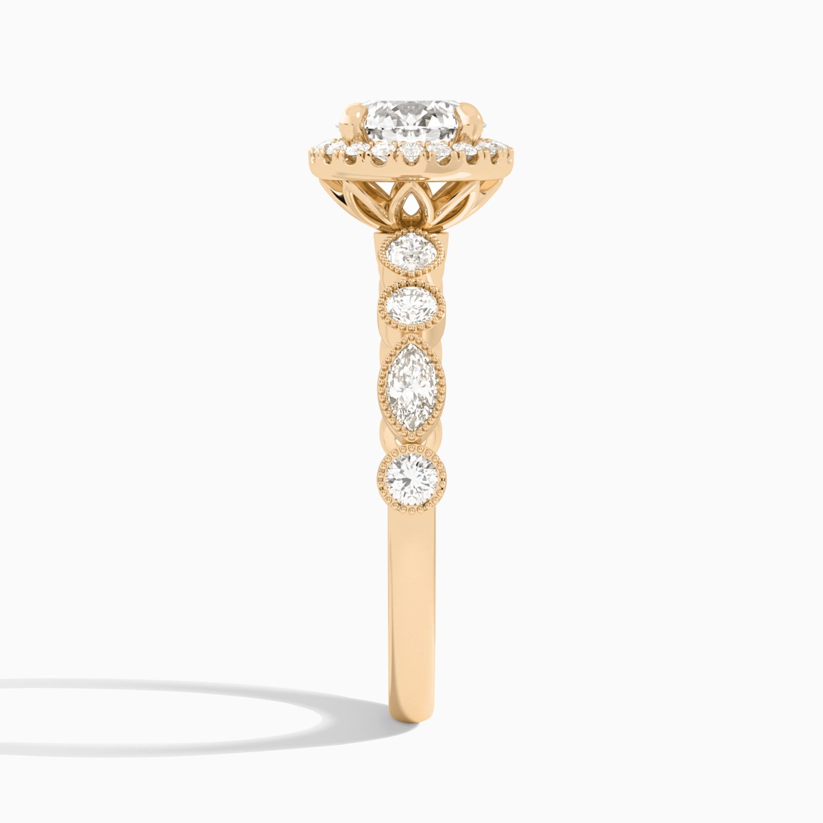Round Honoria Halo Lab Grown Diamond Engagement Ring In 14K Rose Gold, Side View
