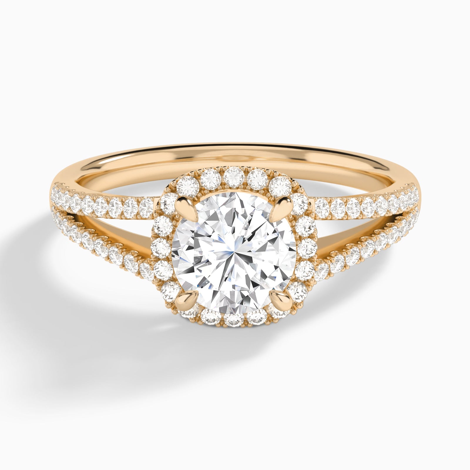 Round Halo Split Shank Lab Diamond Engagement Ring In 14K Rose Gold - Lucenjuri