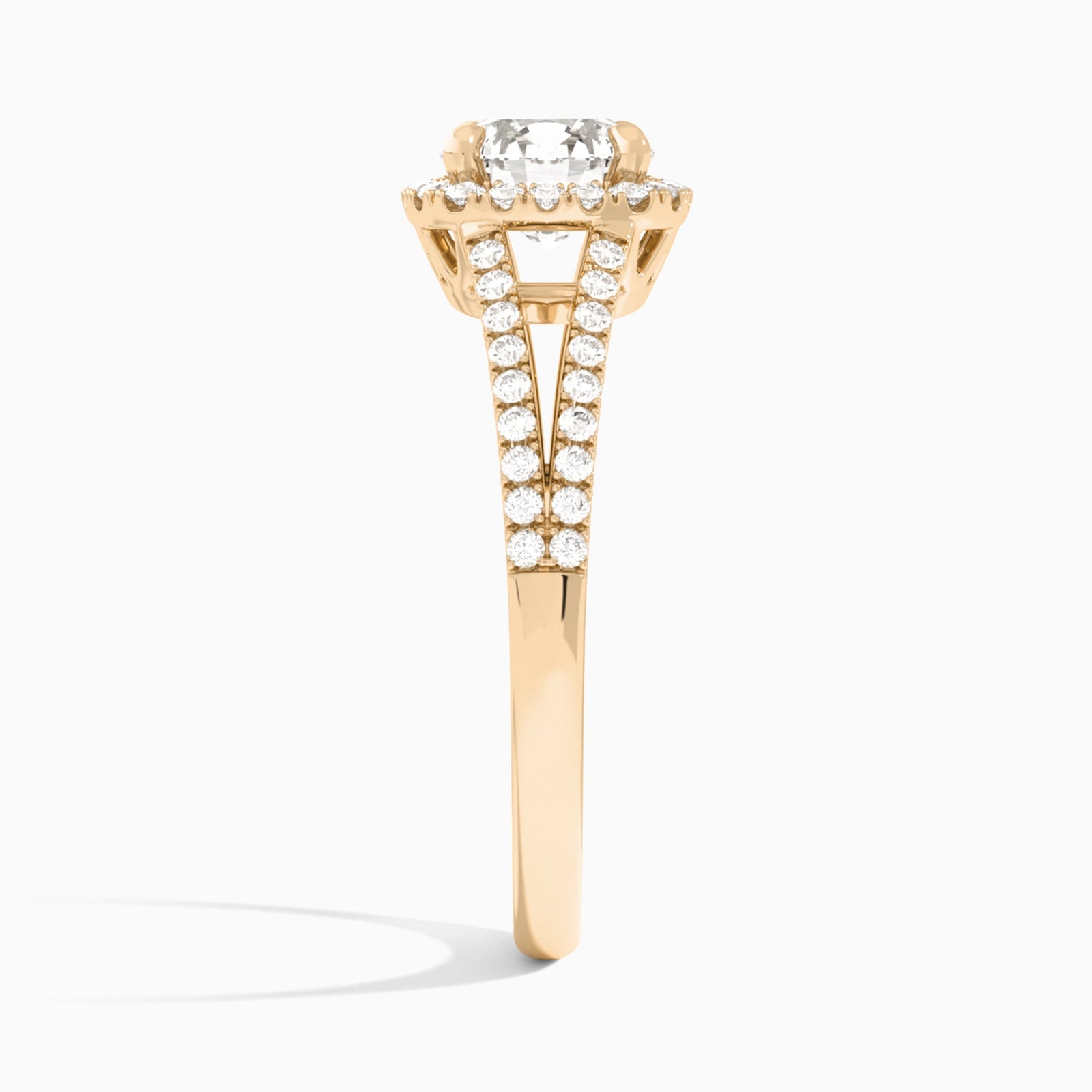 Round Halo Split Shank Lab Diamond Engagement Ring In 14K Rose Gold, Side View