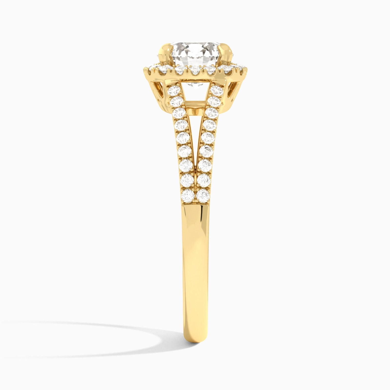 Round Halo Split Shank Lab Diamond Engagement Ring In 14K Yellow Gold, Side View