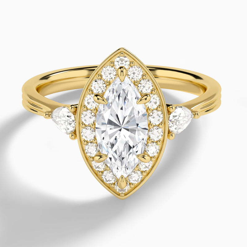 Marquise Halo Shaped Side Stone Lab Diamond Engagement Ring In 14K Yellow Gold - Lucenjuri