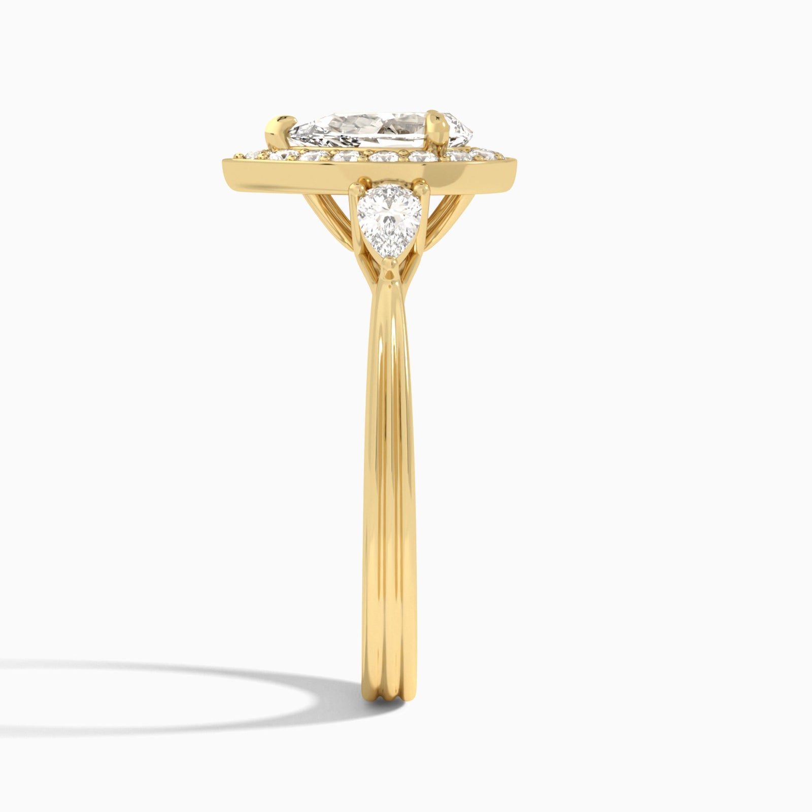 Pear Halo Shaped Side Stone Lab Diamond Engagement Ring In 14K Yellow Gold, Side View