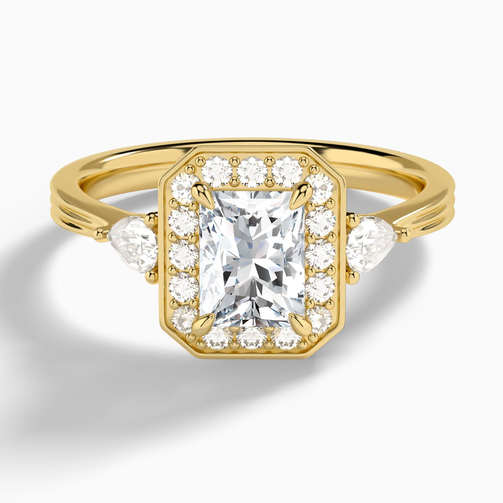 Radiant Halo Shaped Side Stone Lab Diamond Engagement Ring In 14K Yellow Gold - Lucenjuri