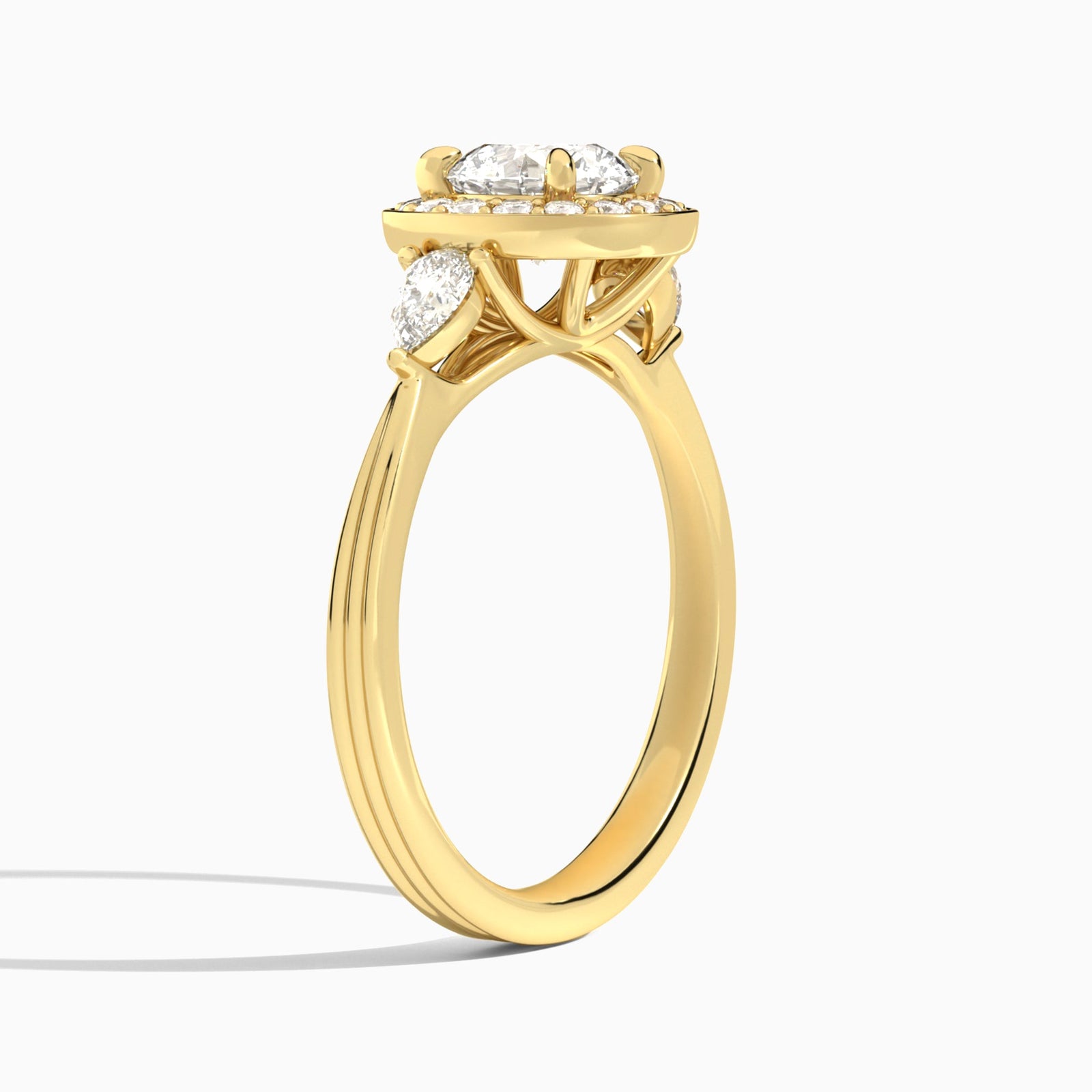 Round Halo Shaped Side Stone Lab Diamond Engagement Ring In 18K Yellow Gold, Angle View