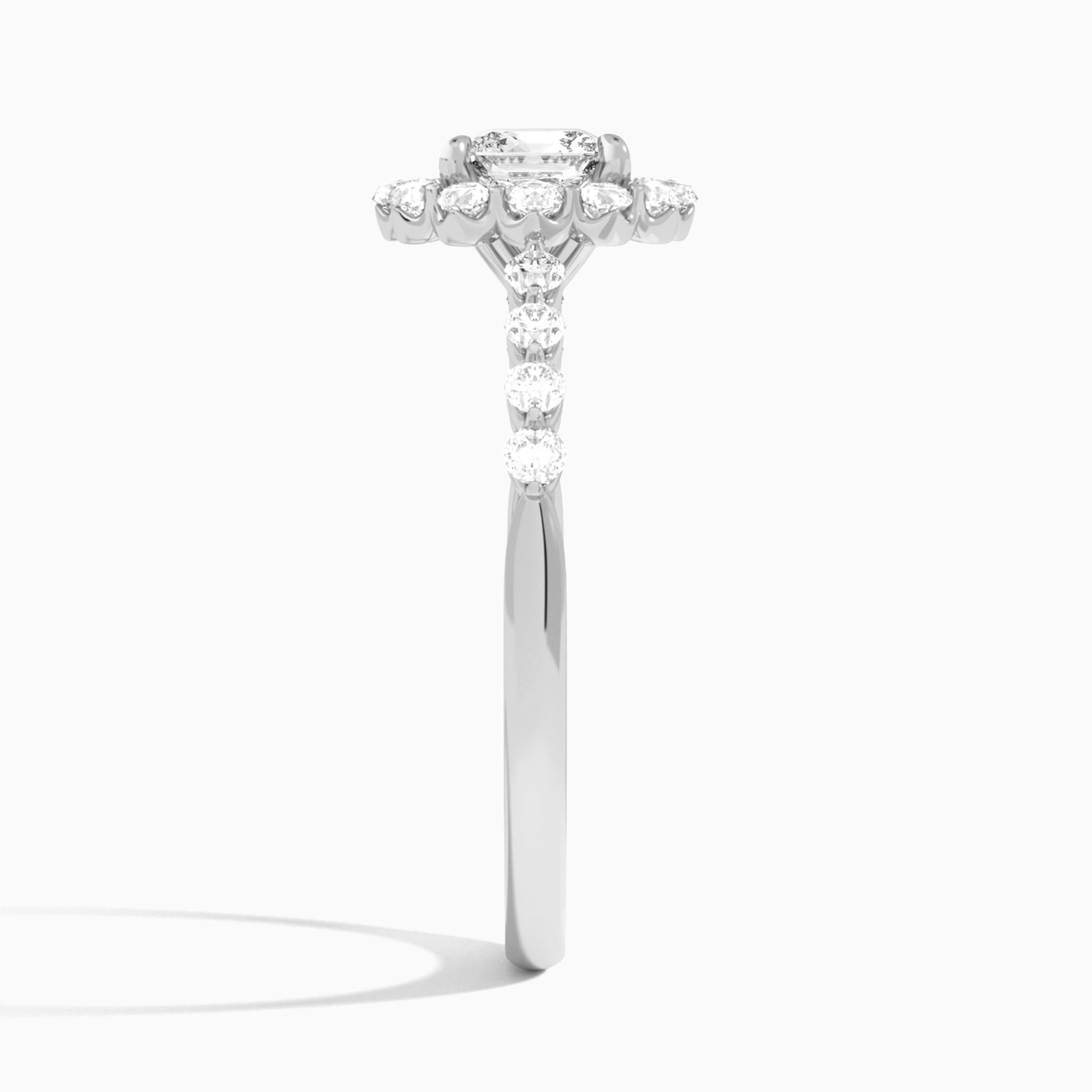 Cushion Luminous Halo Vintage Lab Diamond Engagement Ring In Platinum, Side View