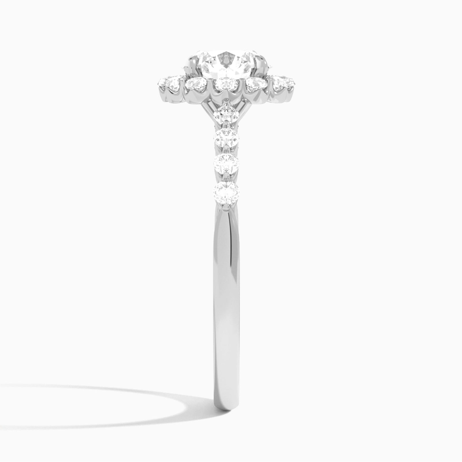 Round Luminous Halo Vintage Lab Diamond Engagement Ring In Platinum, Side View