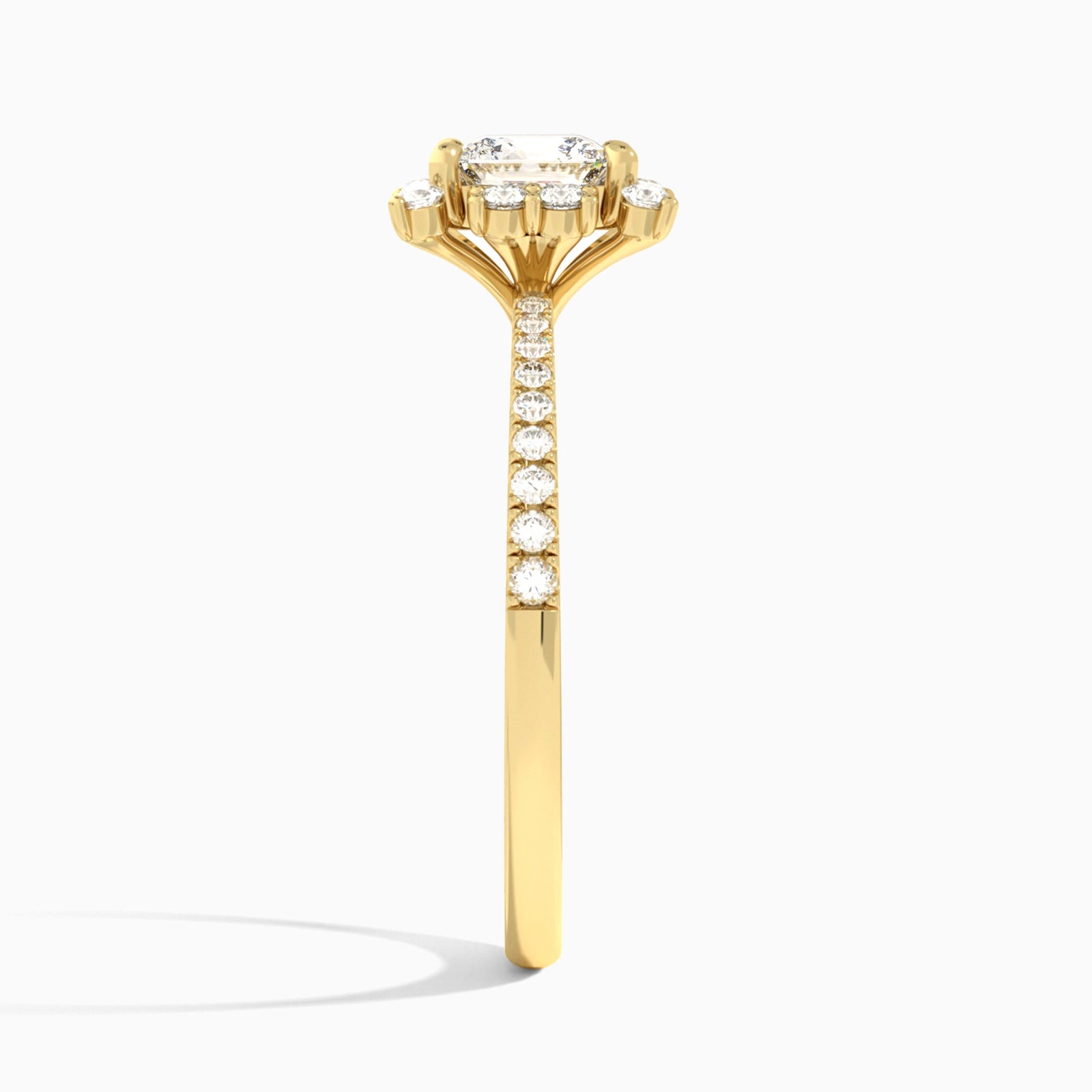 Cushion Lucinda Halo Lab Grown Diamond Engagement Ring In 18K Yellow Gold, Side View