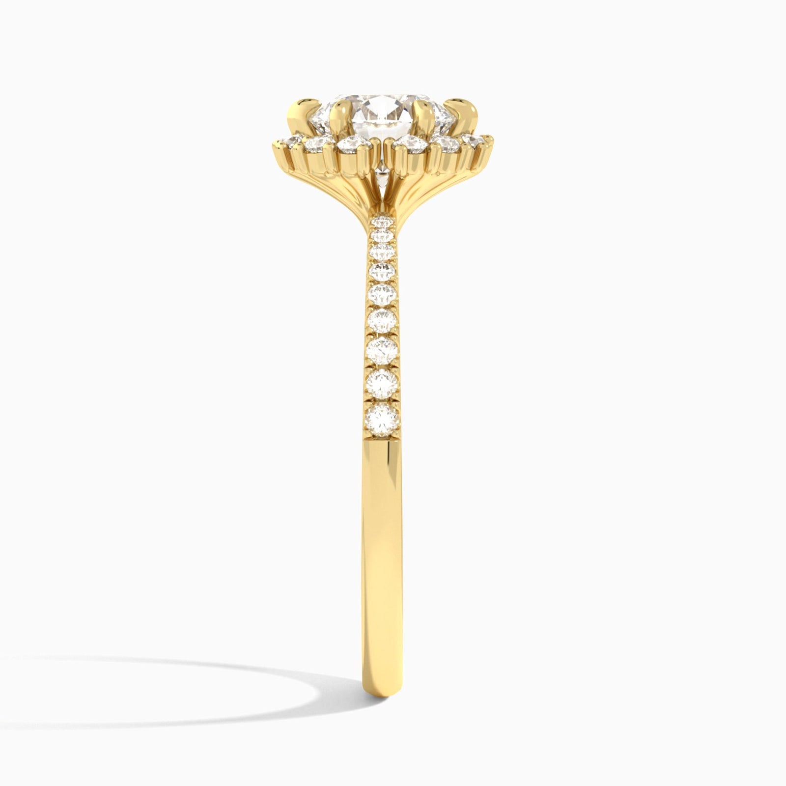 Round Lucinda Halo Lab Grown Diamond Engagement Ring In 18K Yellow Gold, Side View