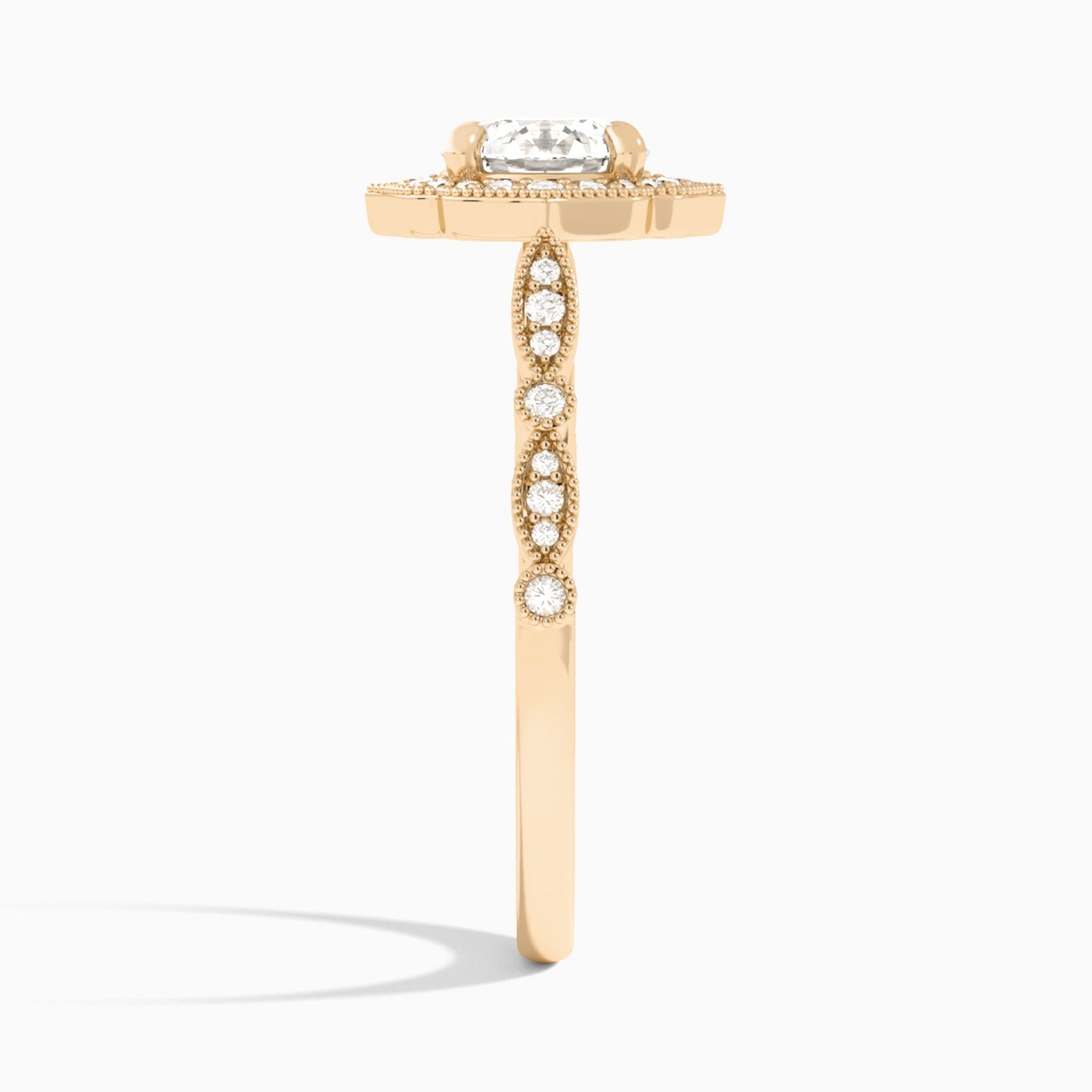 Round Anastasia Vintage Halo Lab Diamond Engagement Ring In 14K Rose Gold, Side View