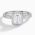 Emerald Engraved Halo Lab Diamond Engagement Ring In 14K White Gold - Lucenjuri