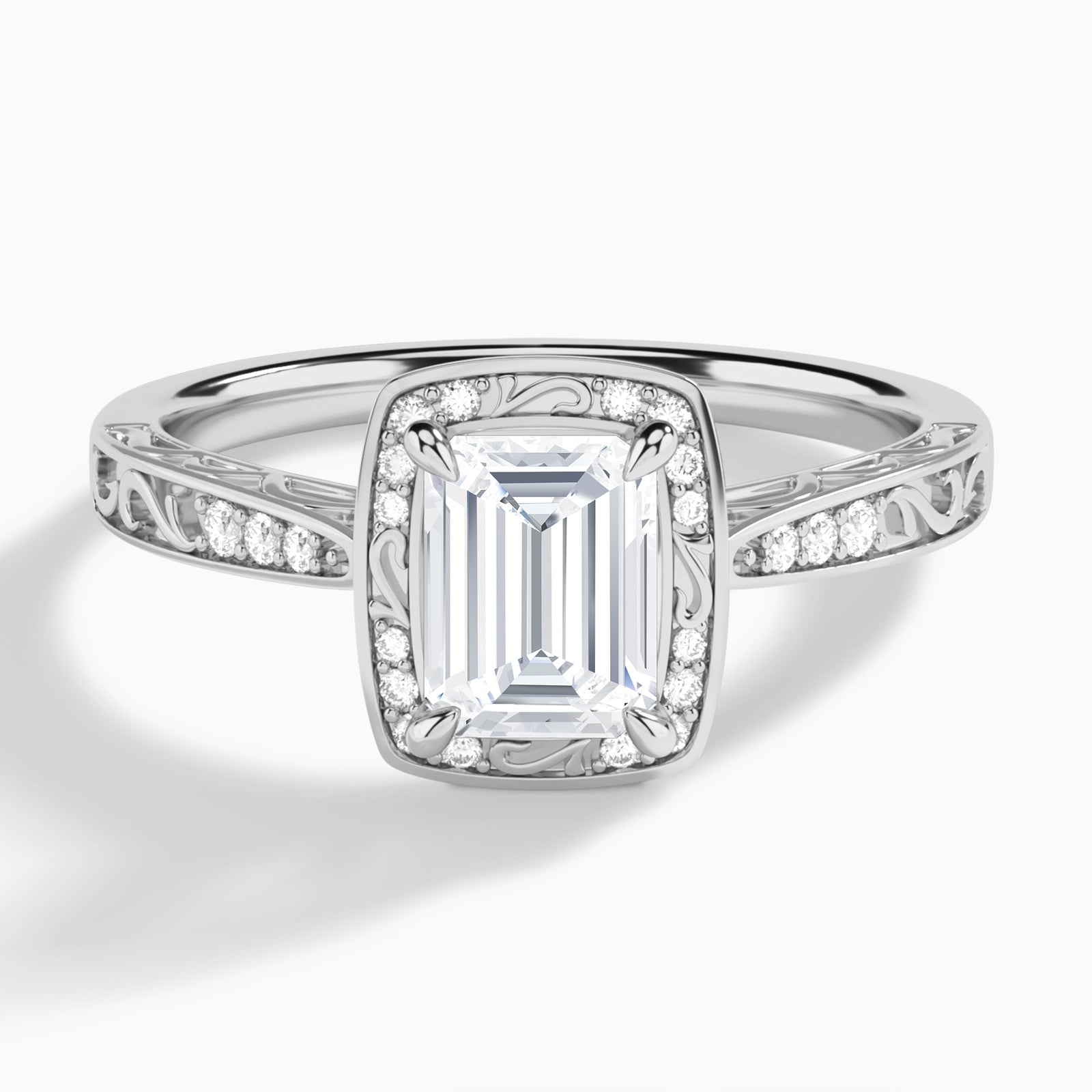 Emerald Engraved Halo Lab Diamond Engagement Ring In 14K White Gold - Lucenjuri