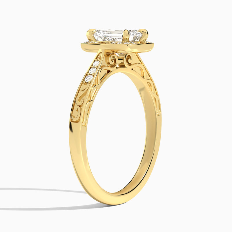 Emerald Engraved Halo Lab Diamond Engagement Ring In 14K Yellow Gold, Angle View