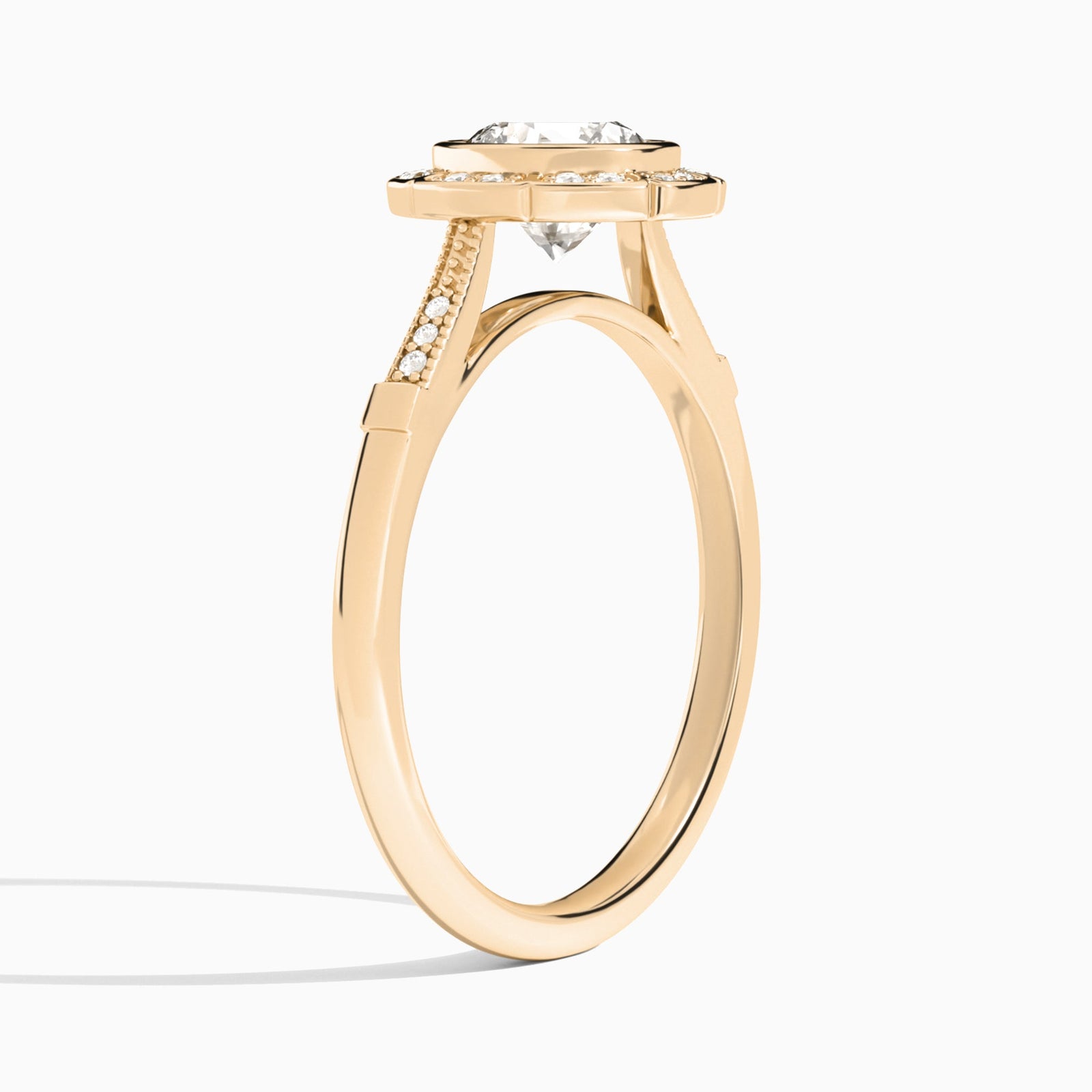 Round Mirabelle Antique Halo Lab Diamond Engagement Ring In 14K Rose Gold, Angle View