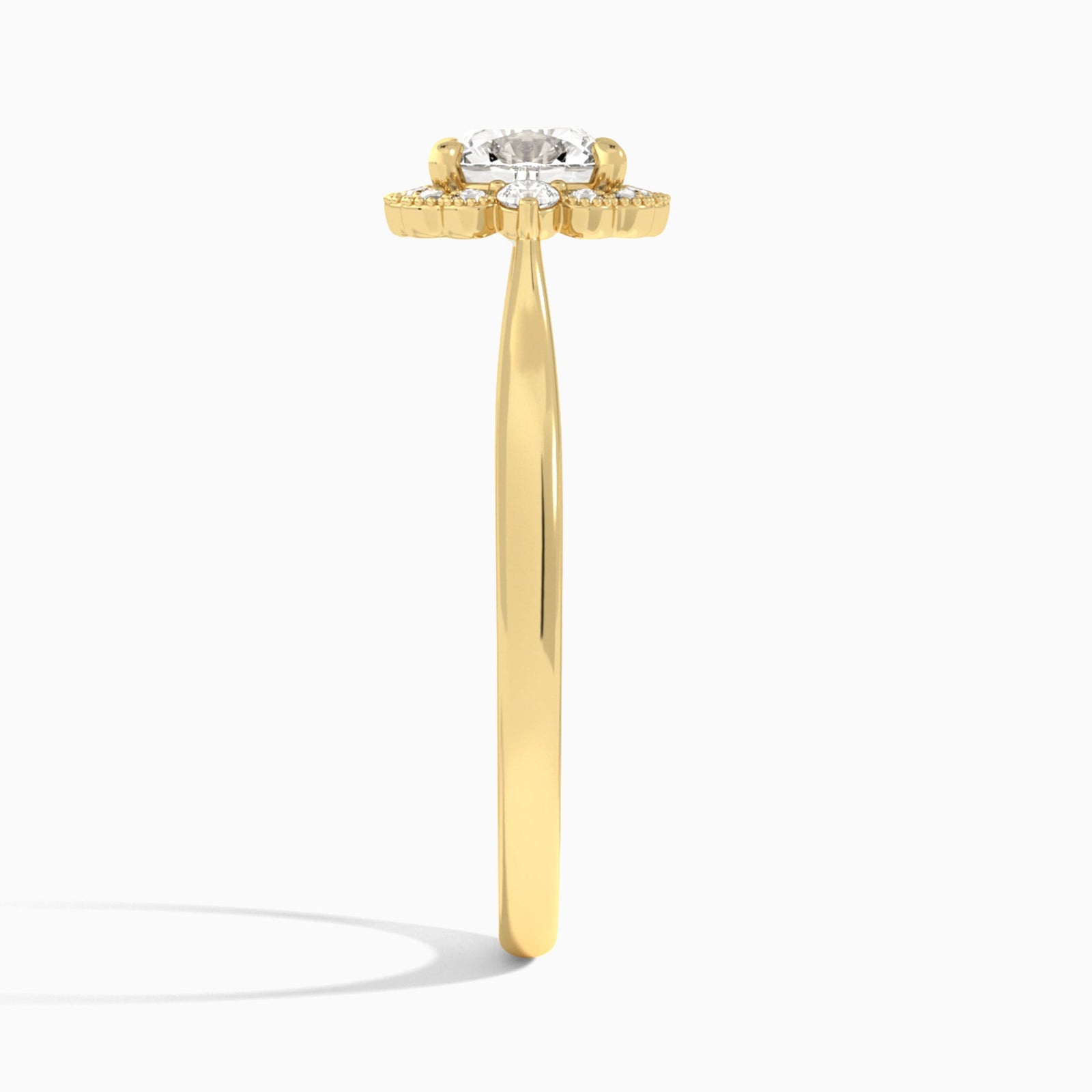 Cushion Melody Halo Lab Grown Diamond Engagement Ring In 18K Yellow Gold, Side View