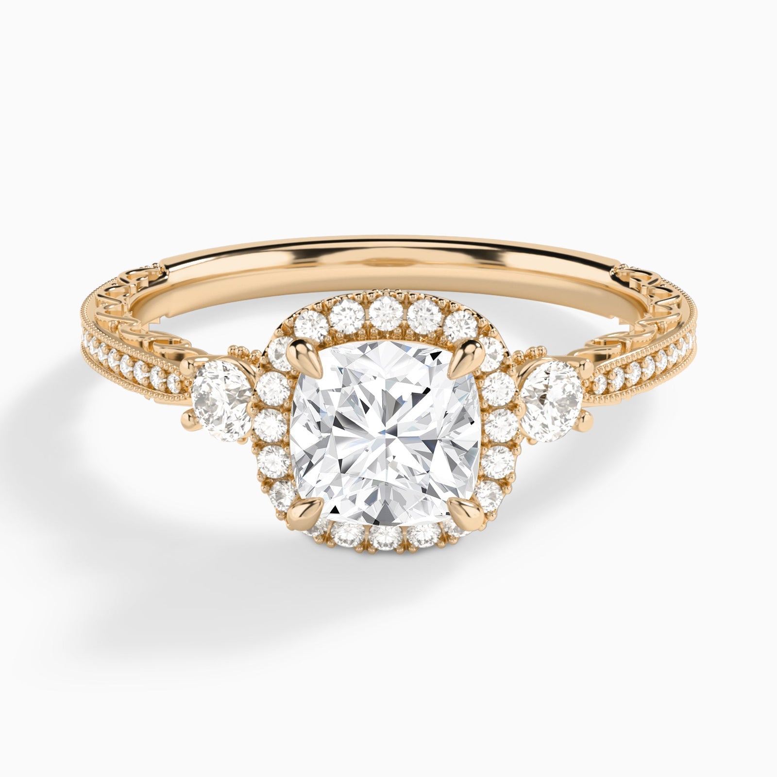 Cushion Luxe Three Stone Lab Diamond Engagement Ring In 14K Rose Gold - Lucenjuri