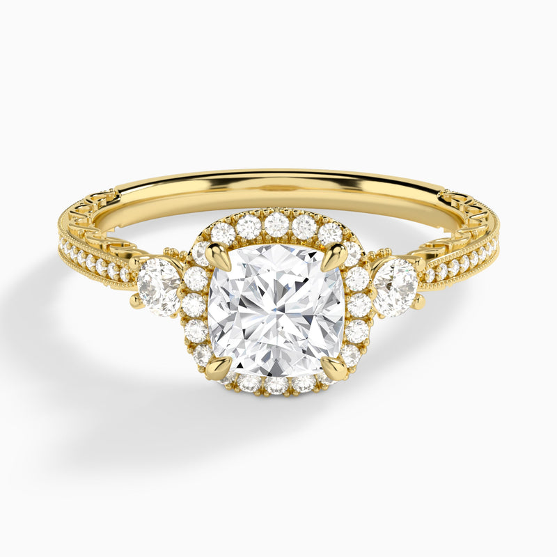 Cushion Luxe Three Stone Lab Diamond Engagement Ring In 14K Yellow Gold - Lucenjuri
