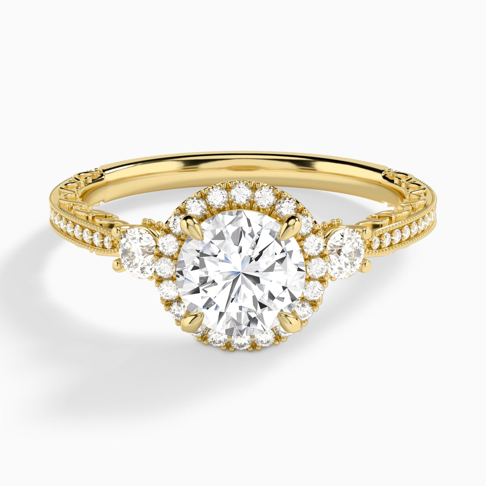 Round Luxe Three Stone Lab Diamond Engagement Ring In 18K Yellow Gold - Lucenjuri