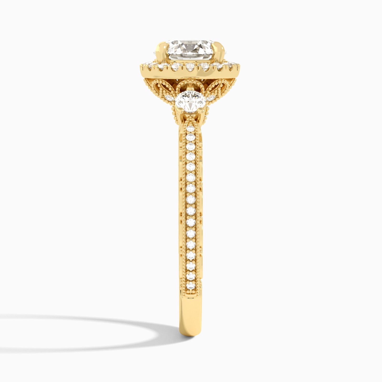 Round Luxe Three Stone Lab Diamond Engagement Ring In 18K Yellow Gold, Side View