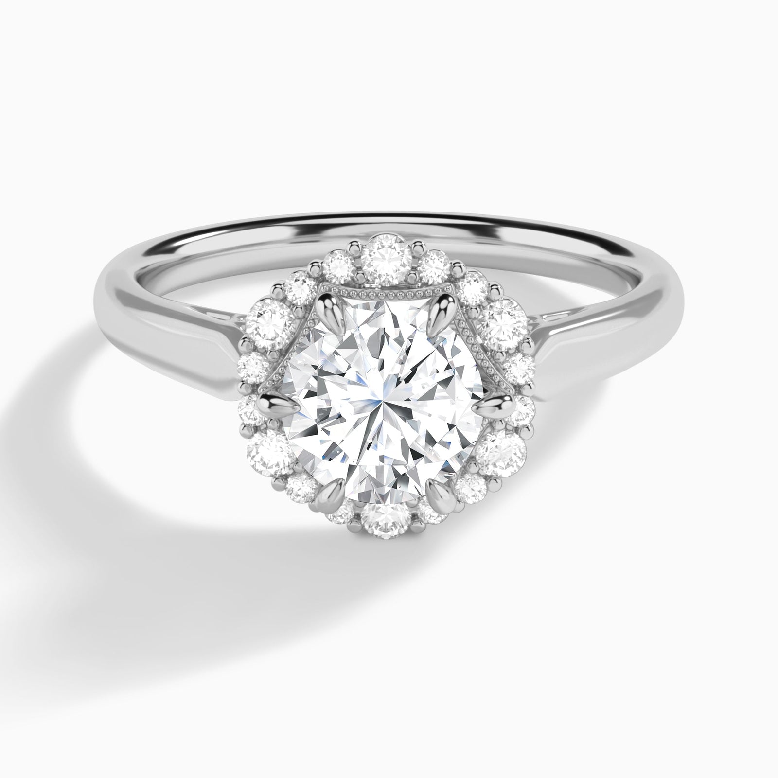 Round Hexagon Halo Lab Grown Diamond Engagement Ring In 14K White Gold - Lucenjuri