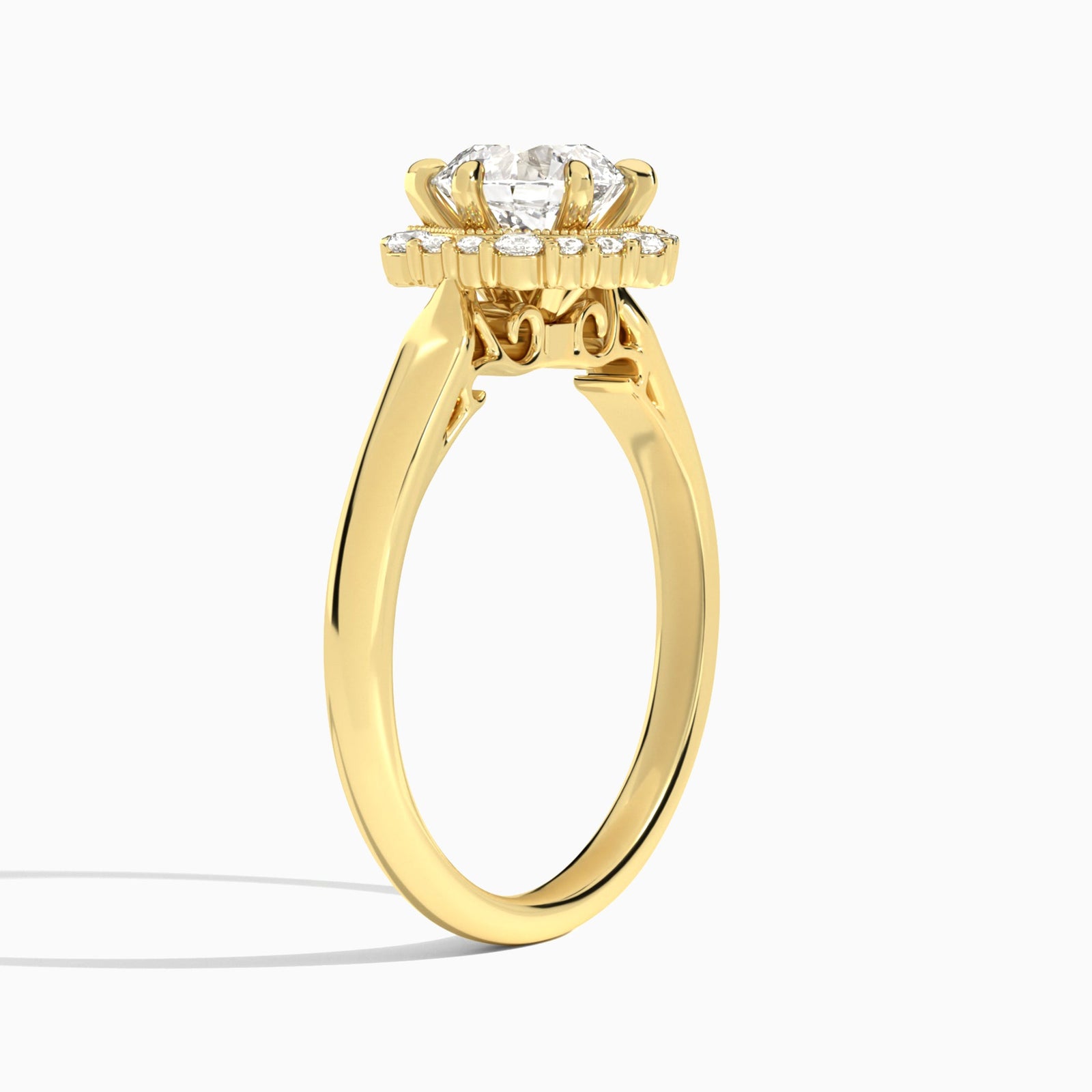 Round Hexagon Halo Lab Grown Diamond Engagement Ring In 18K Yellow Gold, Angle View