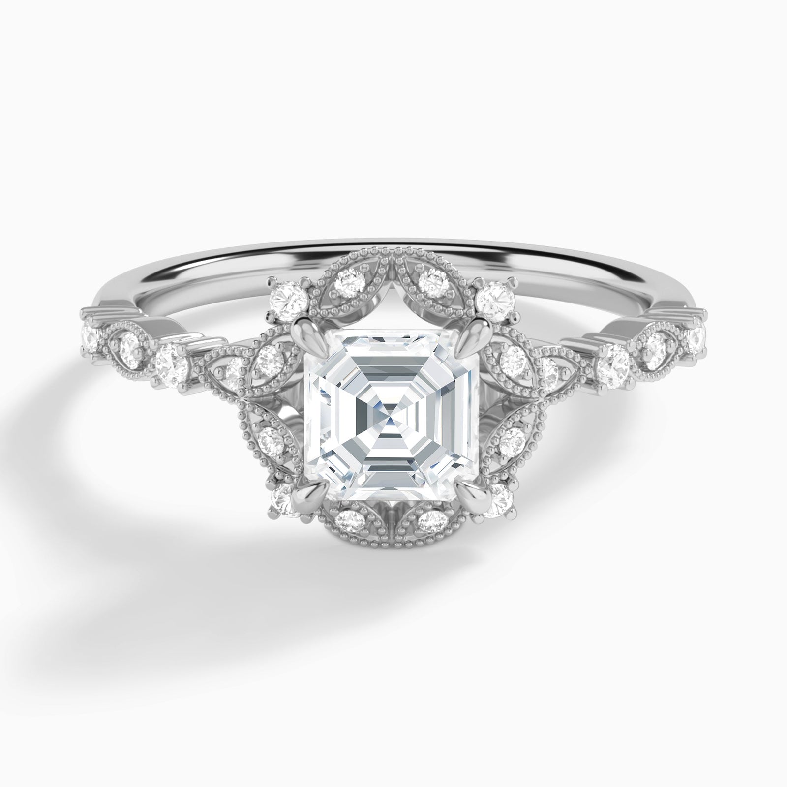 Asscher Luxe Georgiana Halo Engagement Diamond Ring In 18K White Gold - Lucenjuri