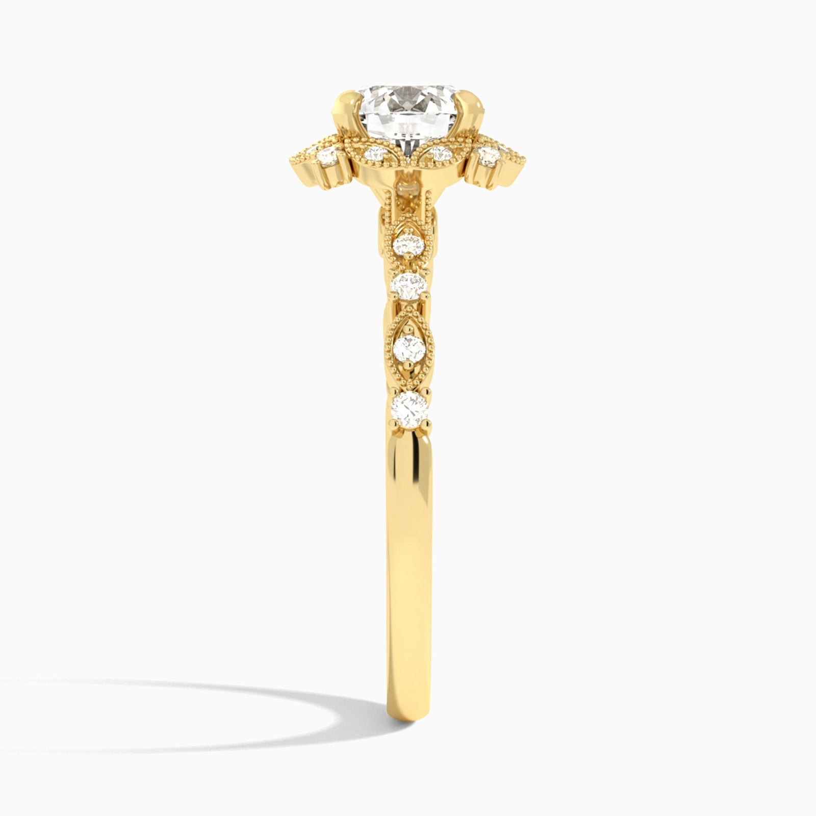 Round Luxe Georgiana Halo Engagement Diamond Ring In 14K Yellow Gold, Side View