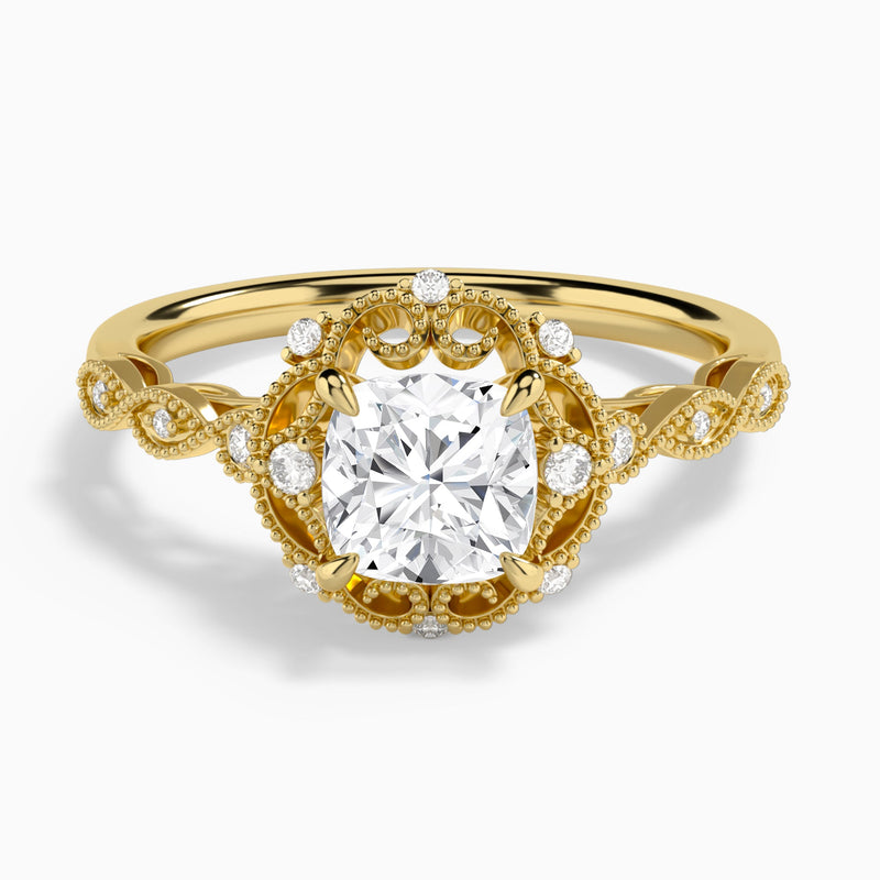Cushion Floral Vintage Lab Diamond Engagement Ring In 14K Yellow Gold - Lucenjuri