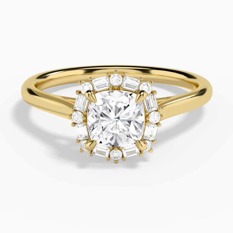 Cushion Octagon Baguette Halo Lab Diamond Engagement Ring In 14K Yellow Gold - Lucenjuri