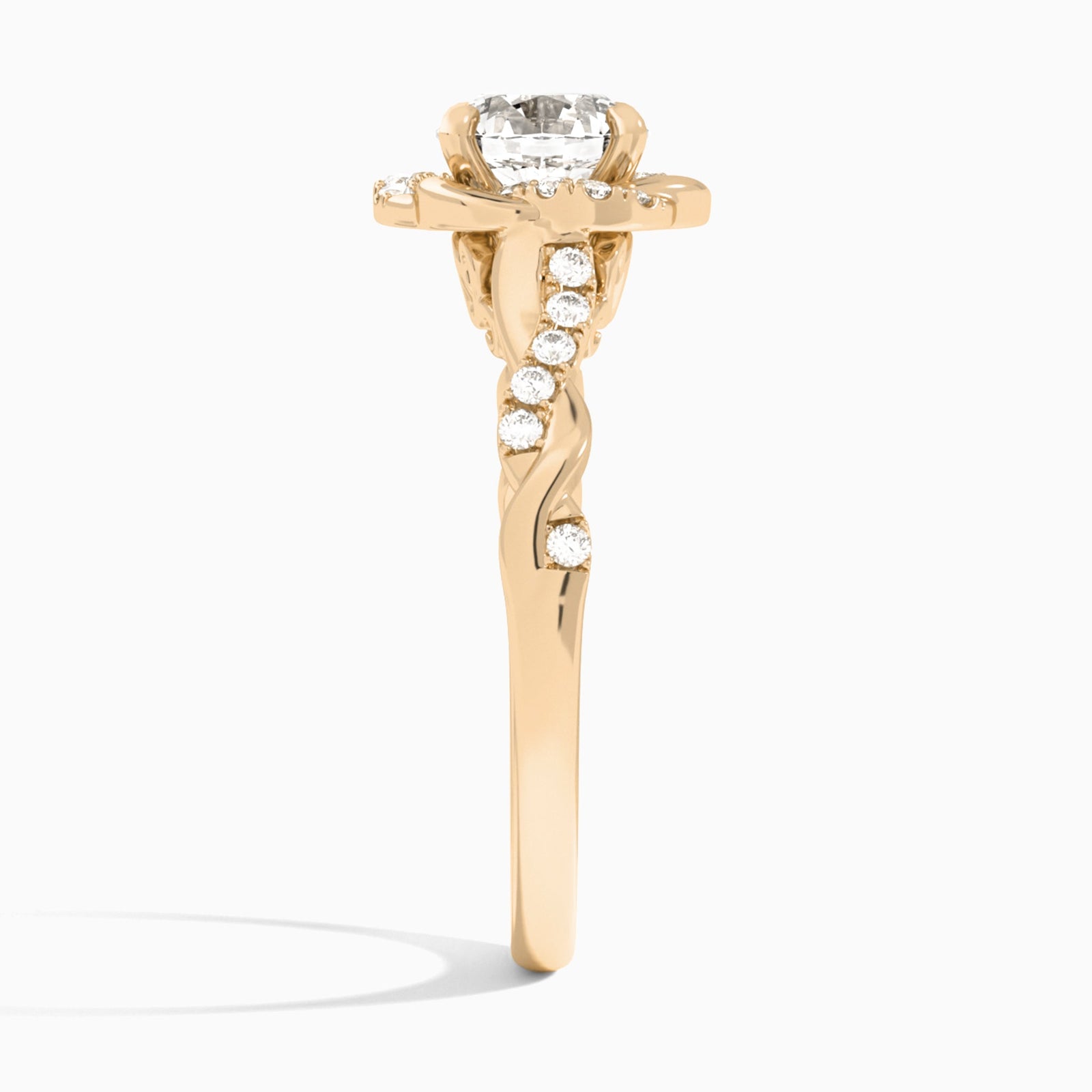 Round Luxe Halo Twisted Shank Lab Diamond Engagement Ring In 14K Rose Gold, Side View