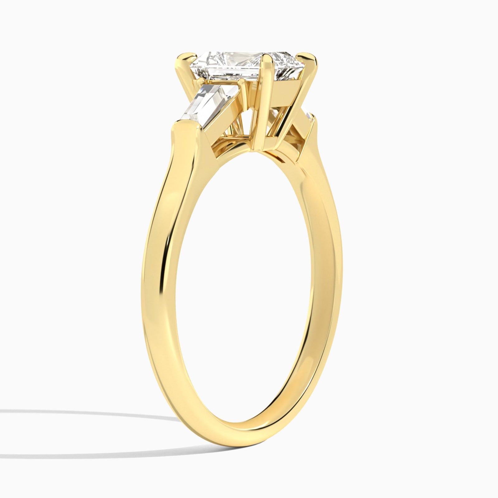 Radiant Timeless Trinity Lab Diamond Engagement Ring In 14K Yellow Gold, Angle View