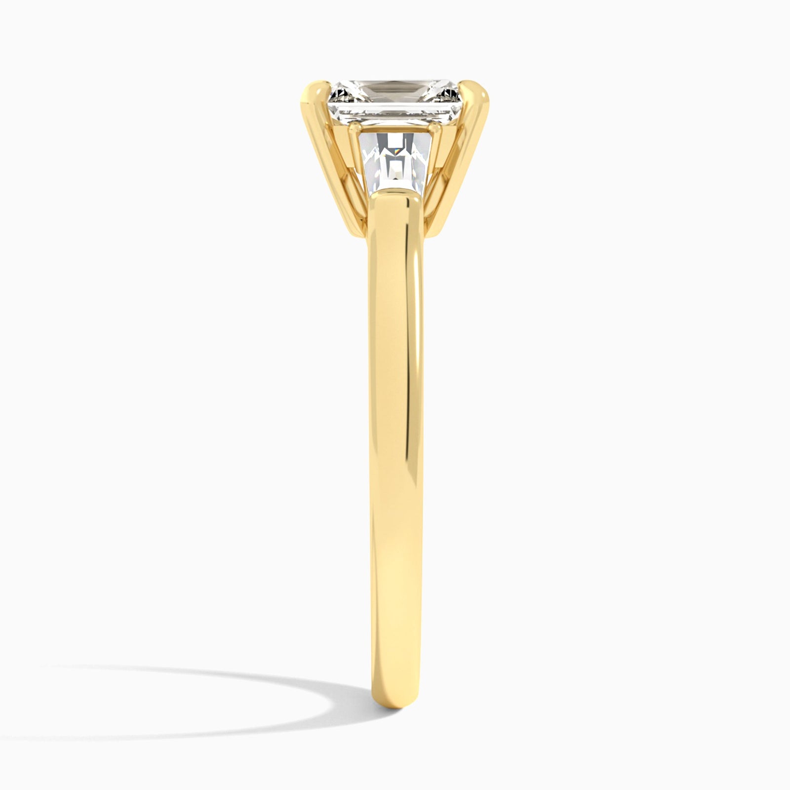 Radiant Timeless Trinity Lab Diamond Engagement Ring In 18K Yellow Gold, Side View