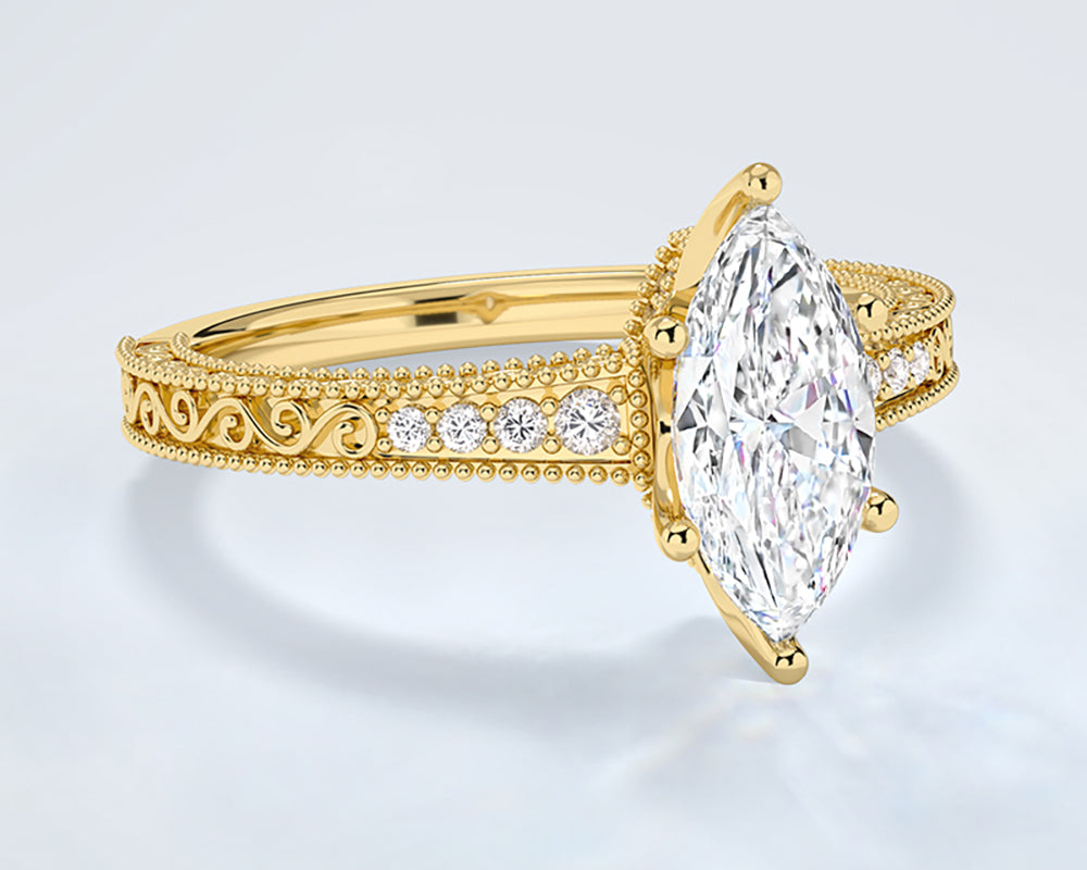 Gold ring with a large lab diamond and smaller diamonds on a light gray background