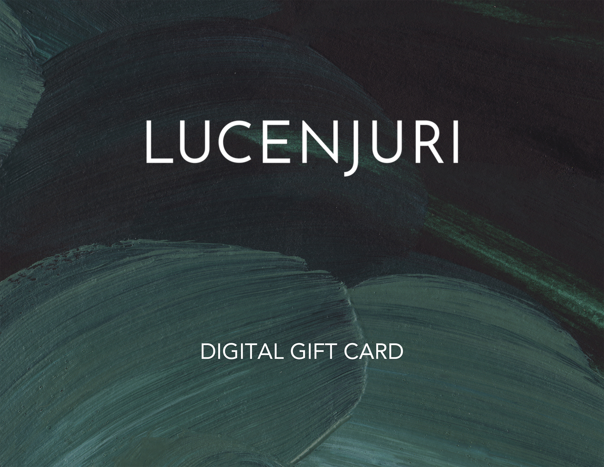 Digital gift card with 'LUCENJURI' branding on a dark abstract background