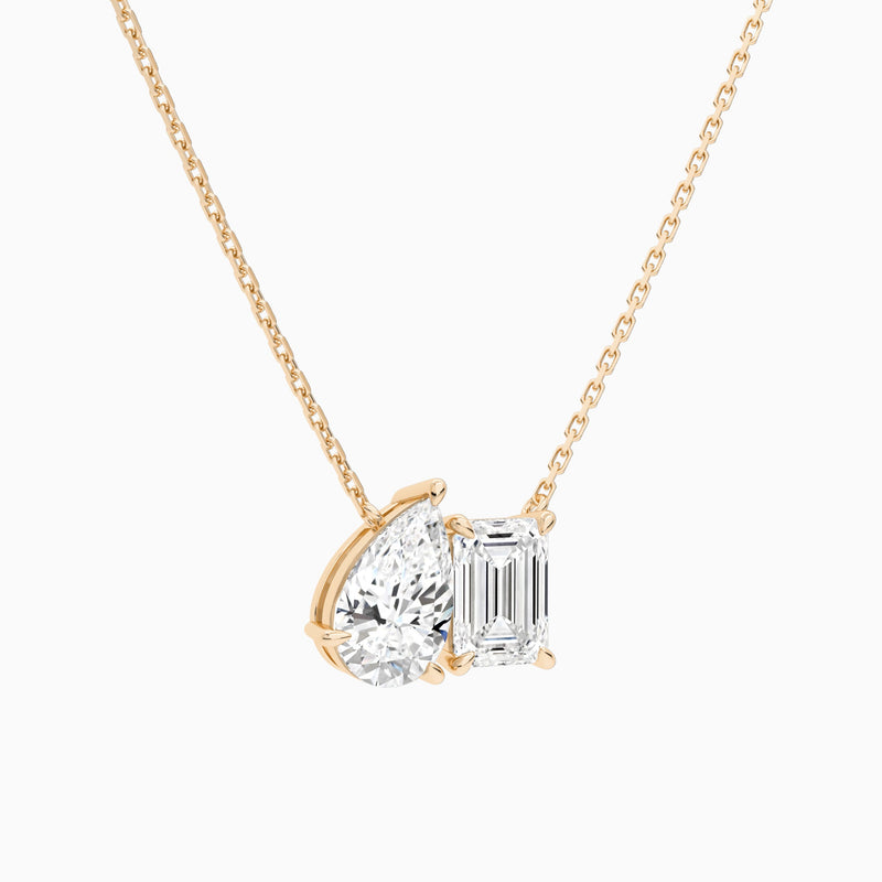 Toi Et Moi Pear and Emerald Lab Grown Diamond Necklace In 14K Rose Gold - Front Angle View