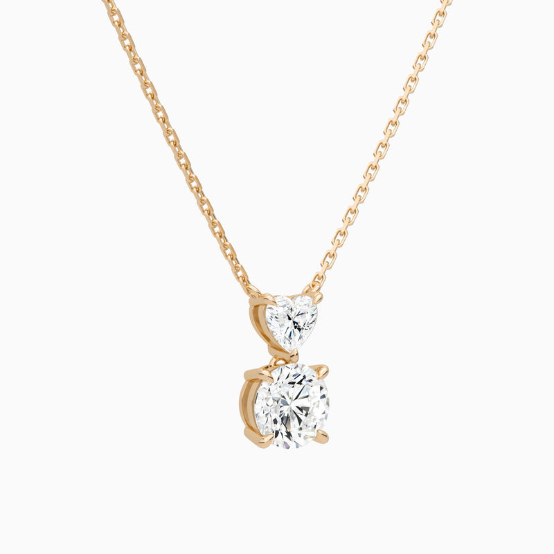 Duo Drop Heart and Round Lab Grown Diamond Necklace In 14K Rose Gold - Front Angle View