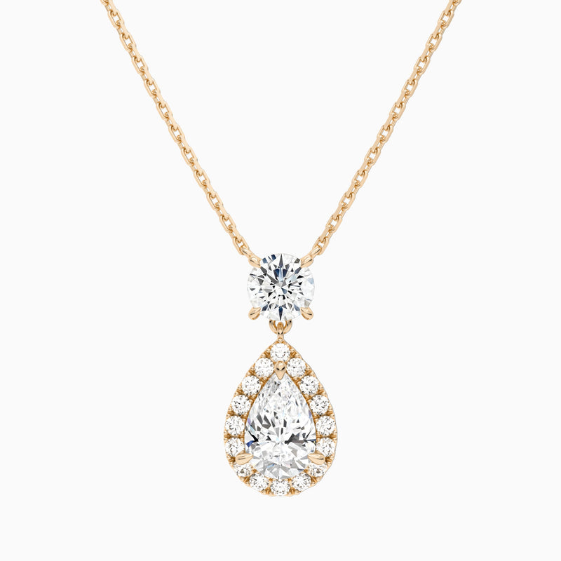Duo Drop Round and Halo Pear Lab Grown Diamond Necklace In 14K Rose Gold - Lucenjuri