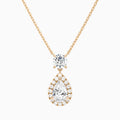Duo Drop Round and Halo Pear Lab Grown Diamond Necklace In 14K Rose Gold - Lucenjuri