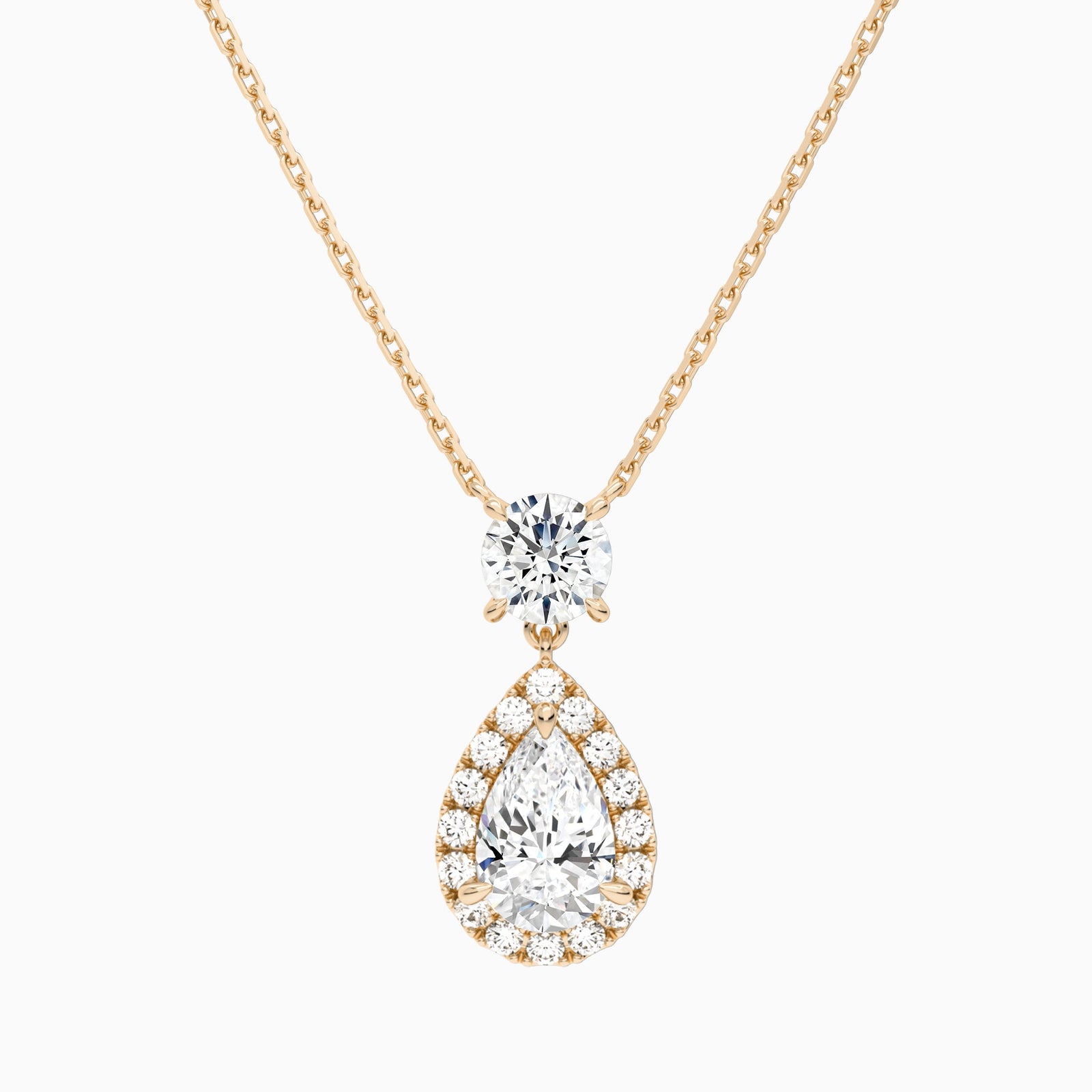 Duo Drop Round and Halo Pear Lab Grown Diamond Necklace In 14K Rose Gold - Lucenjuri