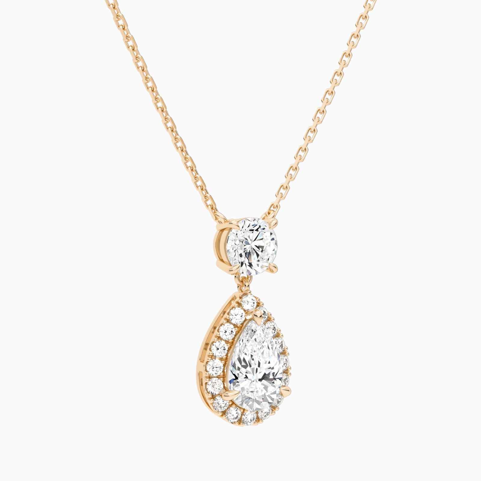 Duo Drop Round and Halo Pear Lab Grown Diamond Necklace In 14K Rose Gold - Front Angle View