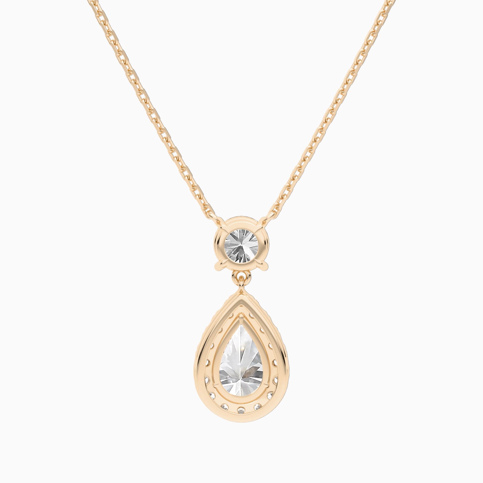 Duo Drop Round and Halo Pear Lab Grown Diamond Necklace In 14K Rose Gold - Back View
