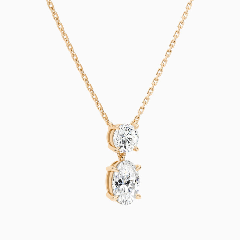 Duo Drop Round and Oval Lab Grown Diamond Necklace In 14K Rose Gold - Front Angle View
