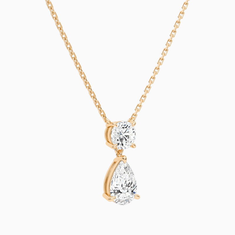 Duo Drop Round and Pear Lab Grown Diamond Necklace In 14K Rose Gold - Front Angle View