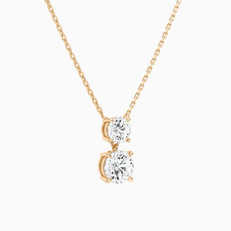 Duo Drop Round Lab Grown Diamond Necklace In 14K Rose Gold - Front Angle View