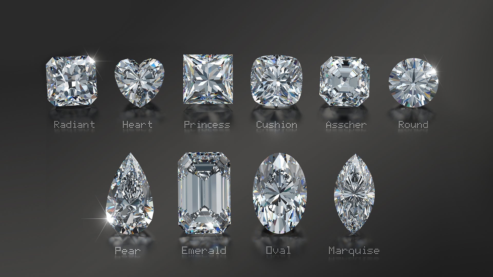 Various diamond shapes including Radiant, Heart, Princess, Cushion, Asscher, Round, Pear, Emerald, Oval, and Marquise